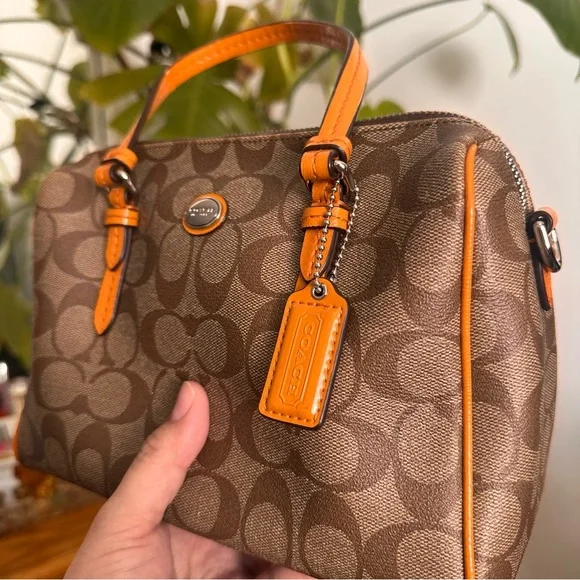 Coach mini Signature Brown Satchel with Orange Trim 2way bag - Picture 3 of 10